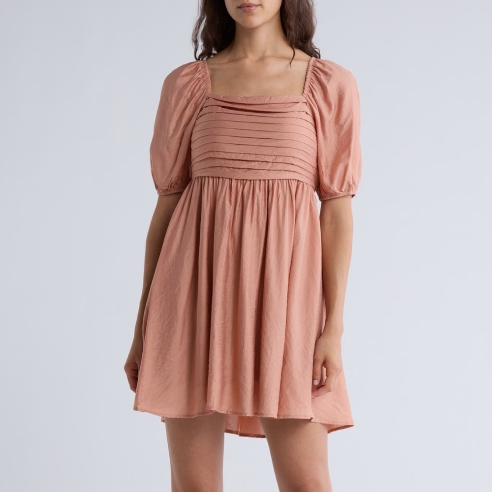 NWT Blu Pepper Peachy Brown Puff Sleeve Pleated Bodice Mini Dress Sz Large